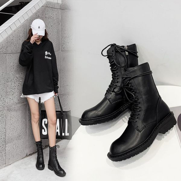 

boots coarse-heel fall/winter 2021 european and american fashion joker round head lace women's, Black