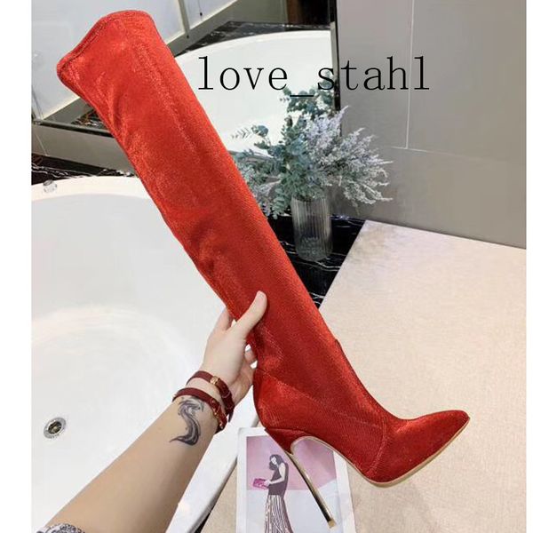 

2020 women imported special materials stitching leather elastic sequins over the knee boots 22 inch height high heel boots 10.5c, Black