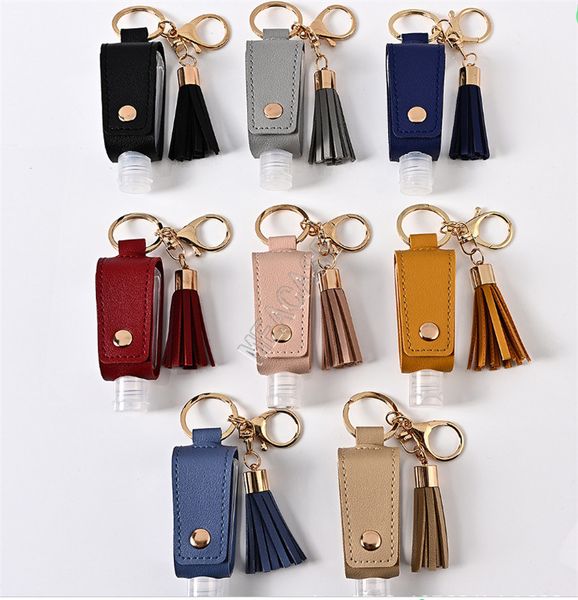 

hand sanitizer holder cover keychains bags tassel 30ml hand sanitizer bottle case student schoolbag metal keychain leather case 8color d9110, Blue