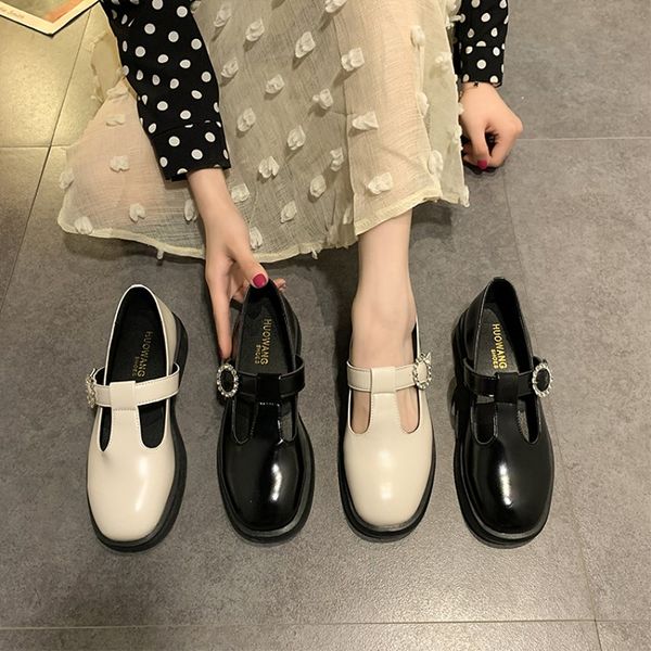 

eoeodoit autumn new fashion retro leather shoes flats t buckle casual women flat heel shoes female student, Black