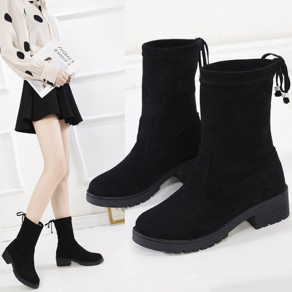 

2020 fashion women boots spring winter ankle boots heels quality suede long comfort square botines mujer thigh high, Black