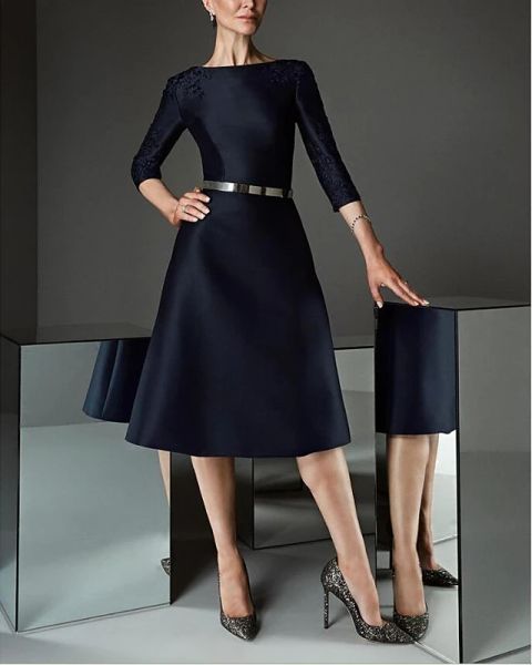 

a-line elegant party wear cocktail party dress boat neck 3/4 length sleeve knee length satin with sash / ribbon embroidery, Black