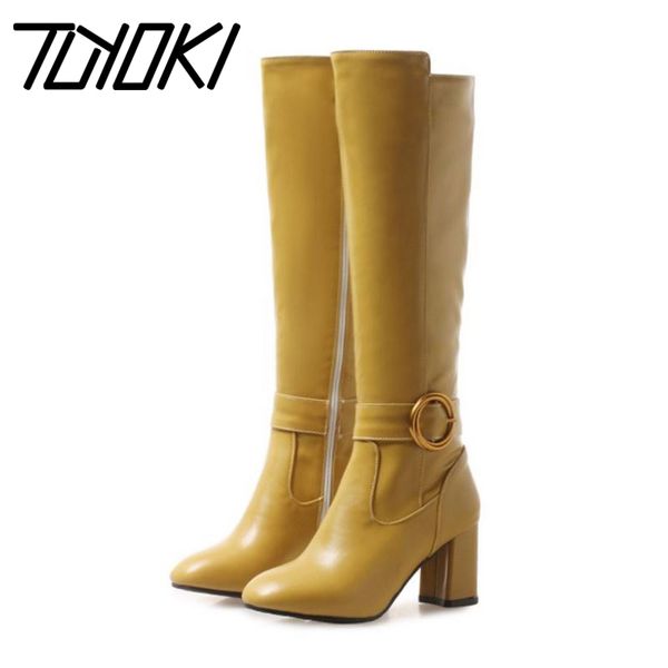 

tuyoki 4 color knee high boots zipper high heels buckle office ladies long boots pointed toe fashion shoes woman size 31-45, Black