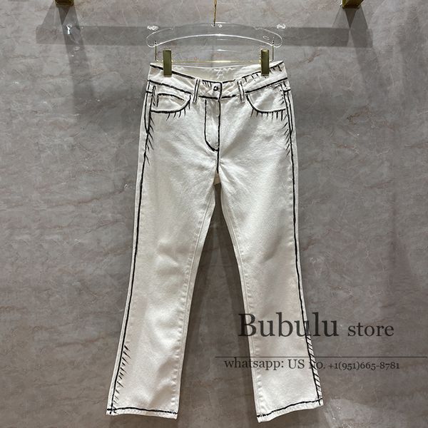 

luxury designer high end women black white lines hand-painted california sky series 2020 new style casual high waisted jeans, Blue
