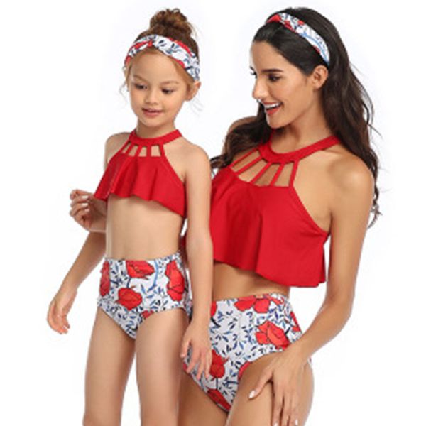

2 pieces mommy and me swimsuits summer mother daughter bikini set girls high waist family matching swimming suits beachwear, Blue