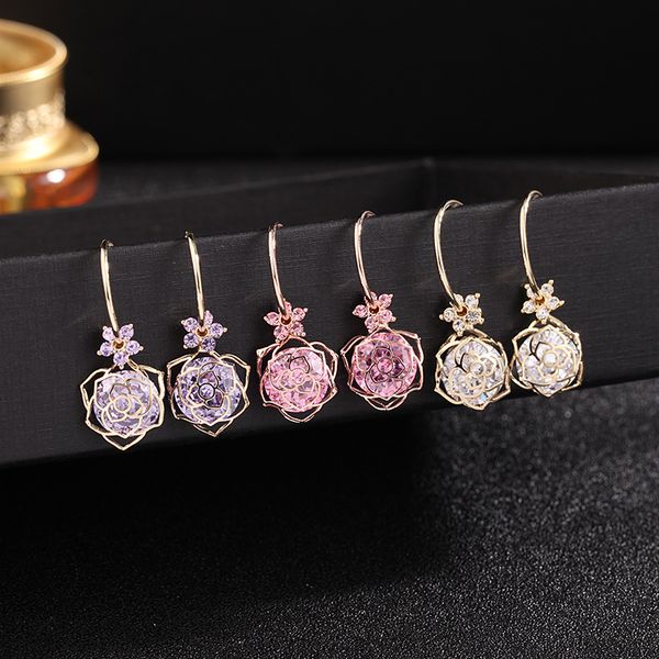 

925 needle new zircon sense rose flower earrings without pierced female personality fashion jewelry, Silver