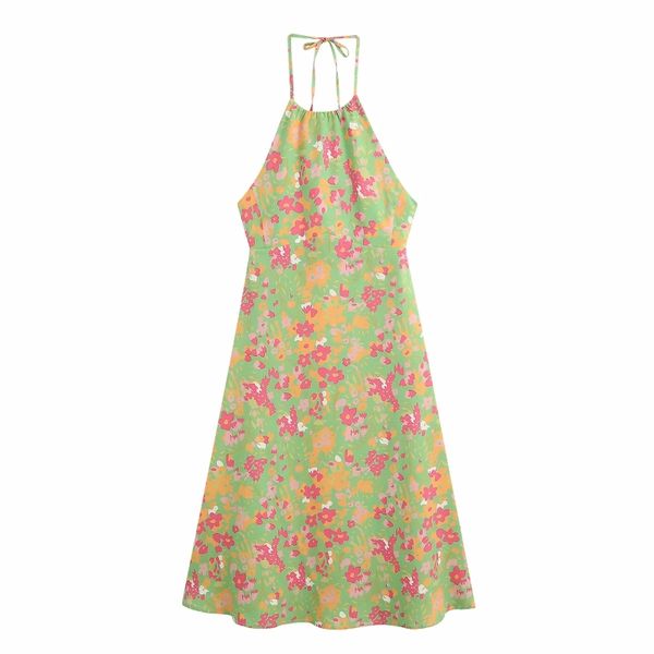 

2020 women sleeveless print hang on neck casual long dress female backless bow tied beach style vestido chic dresses ds3757, Black;gray