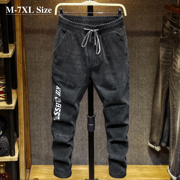 

men's jeans plus size 5xl 6xl 7xl autumn casual harem fashion letter print black-gray elasticity denim pants brand trousers male, Blue