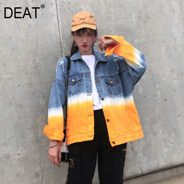 

deat] loose fit spliced mixed color hollow out denim jacket new lapel long sleeve women coat fashion tide spring 2020 13p148, Black;brown