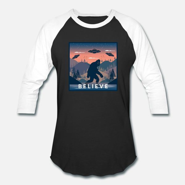 

bigfoot sasquatch believe illustration with ufos t shirt men printed tee shirt round collar vintage famous fashion summer style shirt