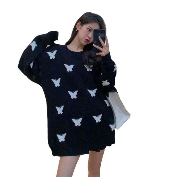 

women's sweaters butterfly print pullover sweater autumn style korean loose wild knit, White;black