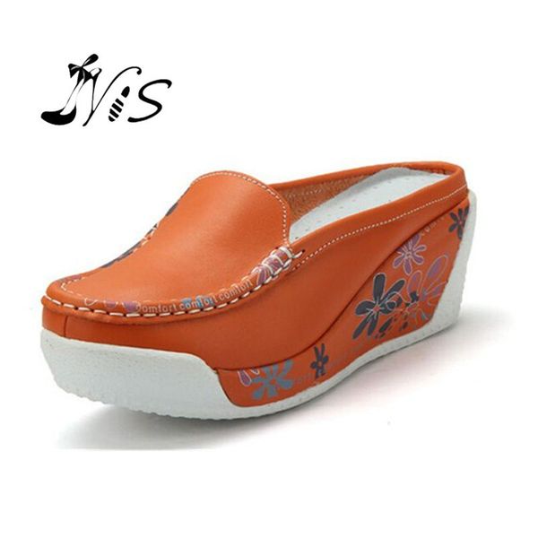 

nis women leather wedge loafers summer lazy slip on beach slippers outdoor casual ladies soft shallow mouth floral pumps shoes, Black