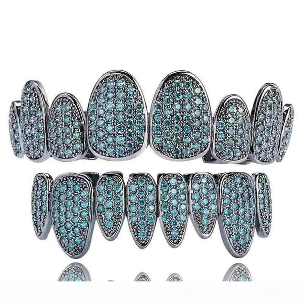 

men's hip hop fang irregular bottom teeth grillzs set blue cz zircon stone bling iced out dental grills rapper jewelry, Black