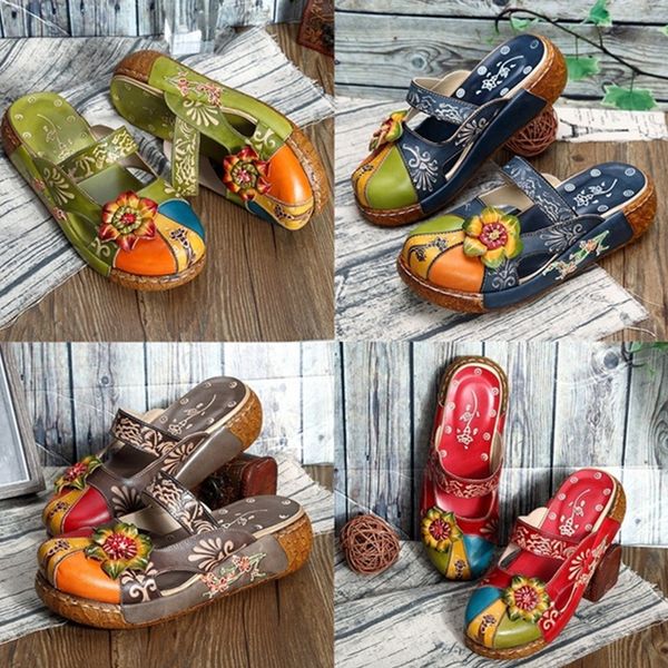 

thick heels handmade vintage flower shoes pu leather woman ultra light sole mix color wedge ladies sandals y200620, Black