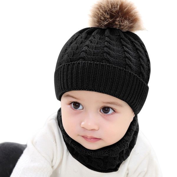 

2pcs/set fashion newborn baby hats knitted warm pom round machine cap protects ear bonnet baby winter caps+scarf suits warm set, Yellow