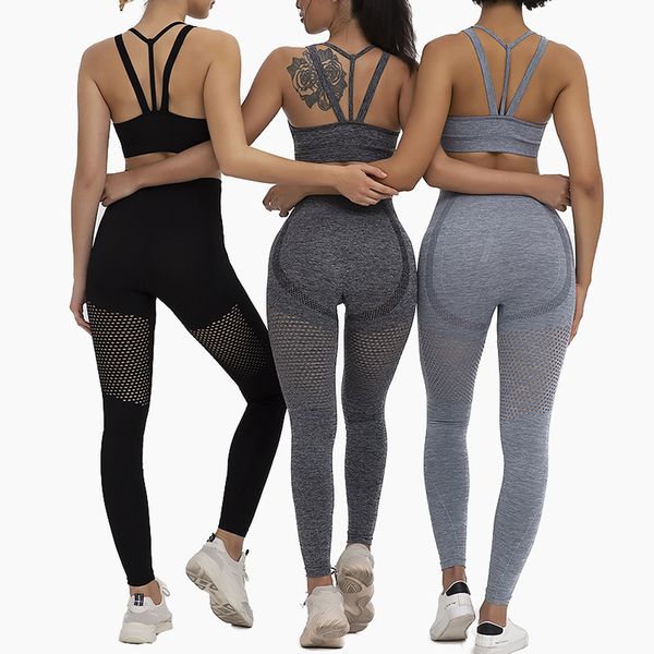 

high waist yoga set gym clothing women 2020 solid workout set 2pcs seamless knitted sports fitness gym leggings sportwear, Gray