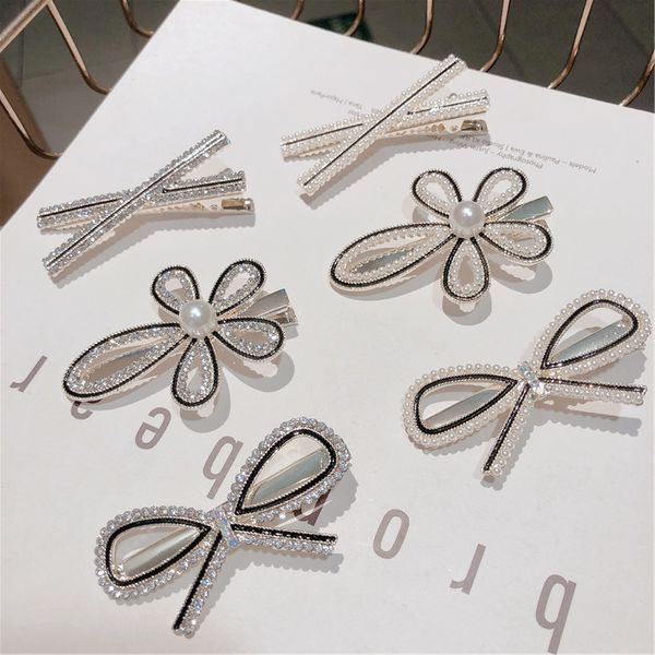 

korean headwear hair accessories edge clip graceful pearl rhinestone flower clip duck hair accessories student pins, Golden;silver