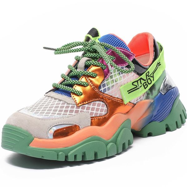 

mesh breathable women's chunky sneakers 2020 summer genuine leather women platform shoes ladies trainers footwear, Black