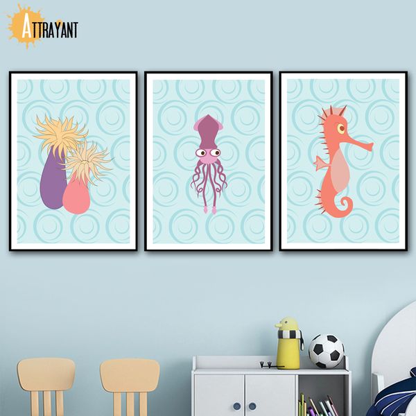 

cartoon sea horse inkfish wall art canvas painting nordic posters and prints animal wall pictures kids room nursery home decor