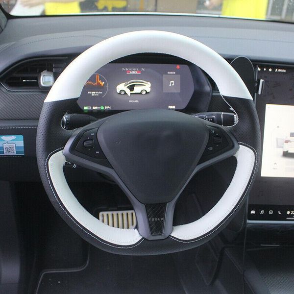 

black white leather diy car steering wheel cover for tesla model x model s