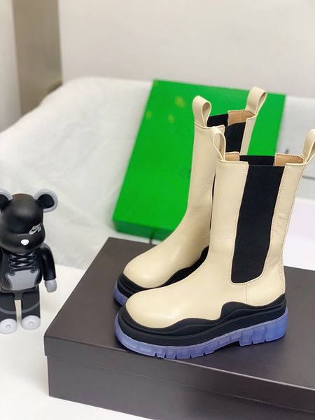

2020 new fashion mixed colors high-quality women's boots genuine leather mid-calf platform slip-on brand designer women's shoes, Black