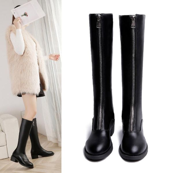 

women's boots fashion middle-tube boots pu leather high heel zipper knight wild large size female winter warm shoes m50#, Black