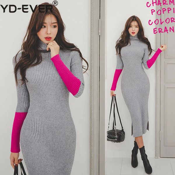 

women turtleneck knitted split long dress new arrival winter office lady long sleeve slim bottoming skinny grey sweater dress, Black;gray