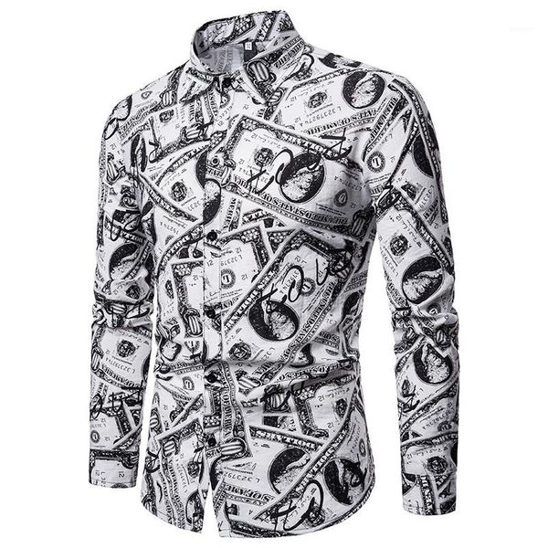 

fashion long sleeve lapel neck mens shirts casual males clothing all dollars print mens designer shirts, White;black