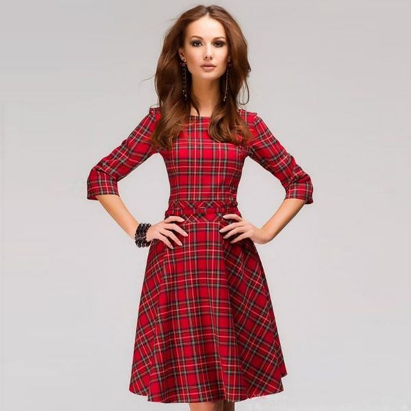 

scottish plaid slim dress three quarter sleeve o-neck a-line dress printed vintage sashes ladies autumn red plaid hx1118, Black;gray