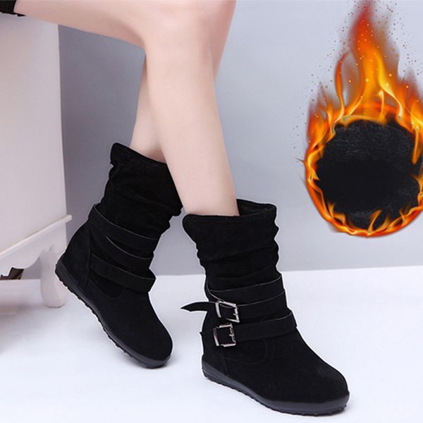 

2020 women snow boots winter mid calf shoes plush warm casual ladies buckle strap plus size platform female fashion footwear, Black
