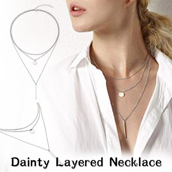 

new fashion women dainty layered choker simple necklace charms pearl pendant adjustable punk necklaces set, Silver