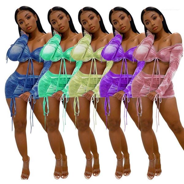 

dye mini skirt long sleeve pure color drawstring hollow out woman 2 piece outfits wrapped chest pleated womens tracksuits tie, Gray