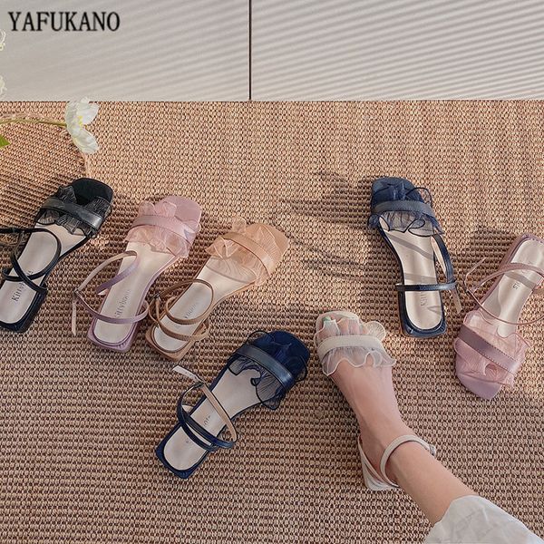 

fashion simple square low heel women sandals summer elegant ruffles open toe ankle strap ladies sandals outdoor beach rome shoes, Black