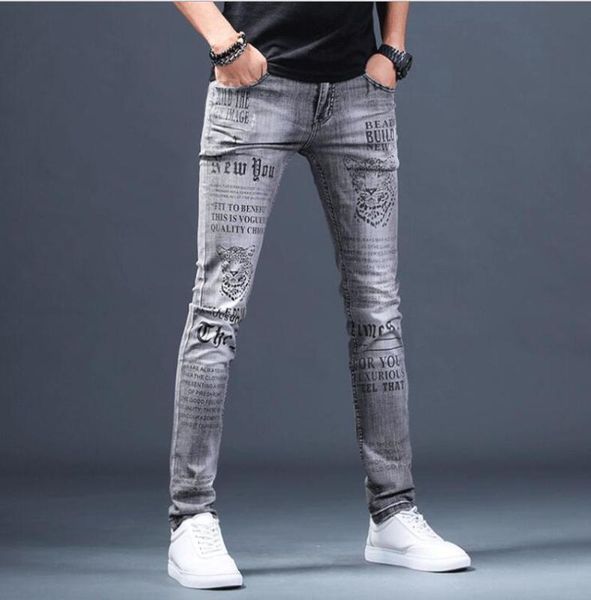 

men's jeans male denim european brand men summer printing personality fashion slim stretch pants trousers, Blue