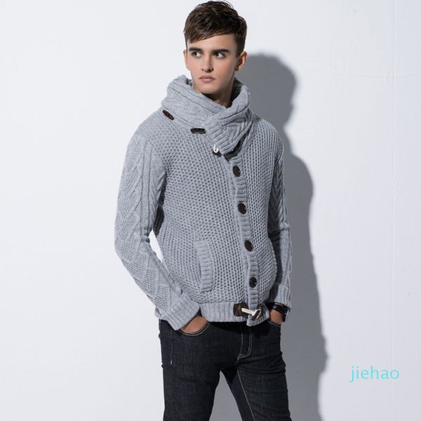 

fashion- 2020 men winter knitted sweatercoat turtleneck sweaters male slim fit cardigan horn button sweater coat scarf collar knitwear, White;black