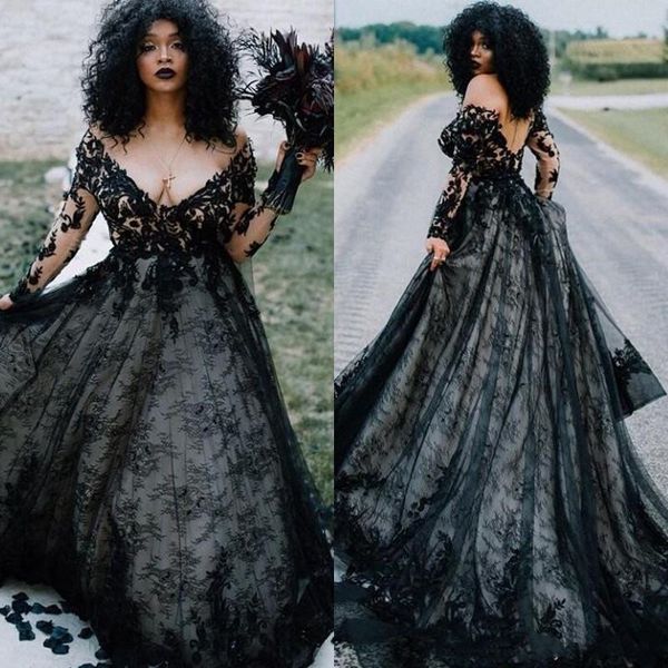 

gothic design black lace wedding dresses long sleeve off the shoulder deep v neck a line sweep trail bridal gowns custom, White