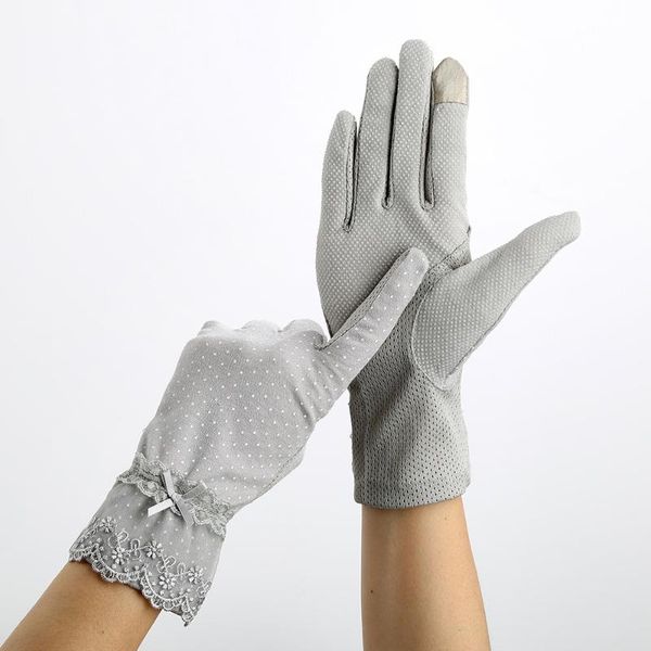 

anti-slip sunscreen gloves women touch screen sun proof mittens glove lady breathable thin non slip lace mittens, Blue;gray