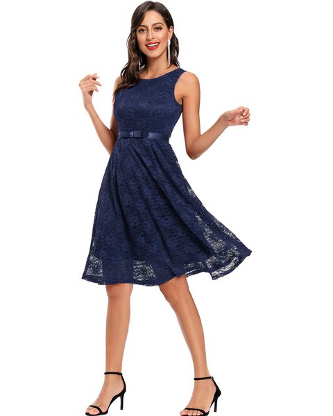 

ladies elegant lace skirt sleeveless bowknot dress hollow prom costume zipper back v-neck unique design, White;black