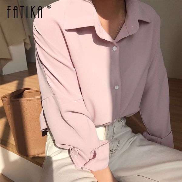 

women's blouses & shirts fatika 2021 spring summer womens blouse solid turn down collar loose elegant casual ladies wild long sleeve, White