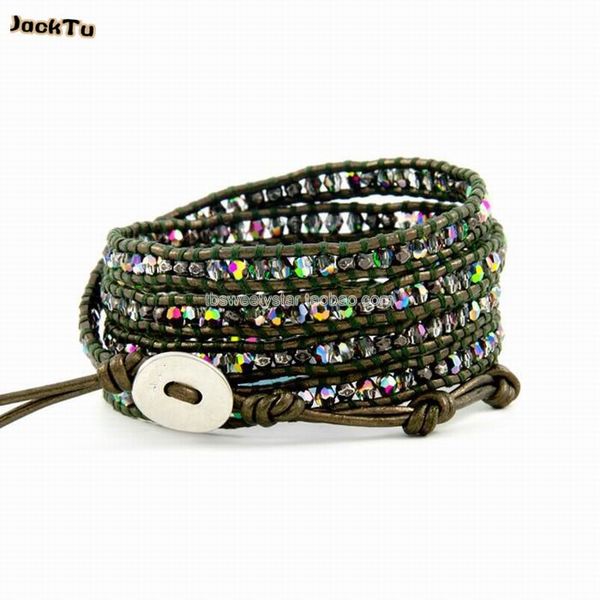 

tennis abcrystal with gunmetal on brown leather 5 wrap bracelet, Golden;silver