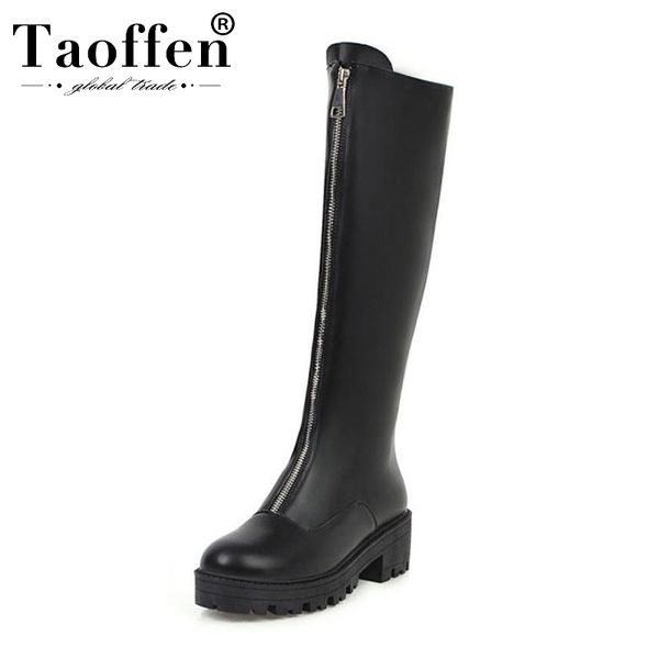 

taoffen 2020 woman chunky heels knee high boots round toe black platform round toe zipper long boots footwear size 34-43