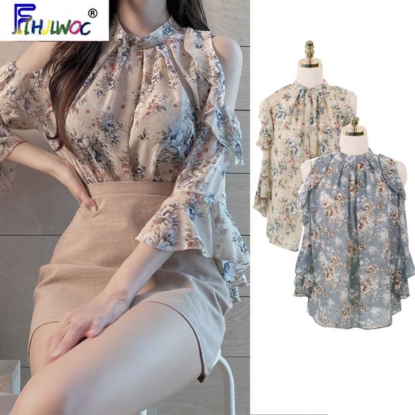 

cute chic sweet girls holiday date wear women summer flhjlwoc korean floral chiffon ruffled off shouler blouse 5008, White