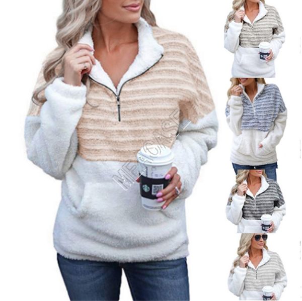 

designers womens sherpa fleece hoodie warm plush furry pullover sweaters fashion striped half zipper blouses outwear plus size d91711, Black