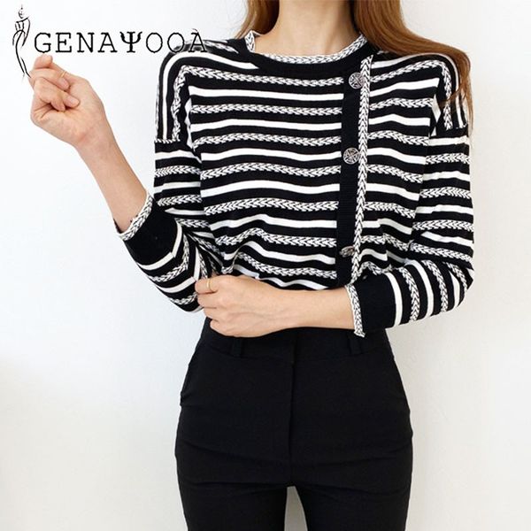

genayooa o-образный вырез повседневного свитер женщины корейский стиль вязаные пуловер 2020 осень весна зима полосатого офис леди перемычка, White;black