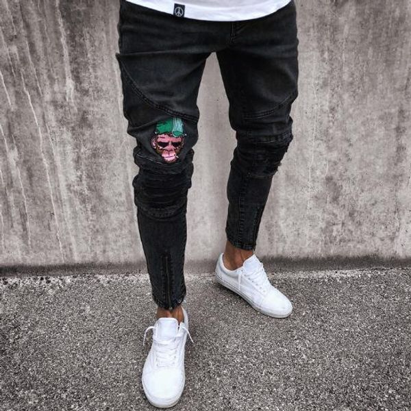 

2019 new european style mens jeans biker high street slim fit jeans mens distressed denim skinny washed embroidered jeans, Blue