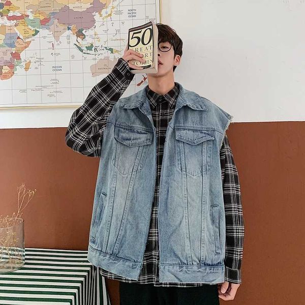 

men's vests autumn denim vest fashion wash retro casual sleeveless jacket man streetwear wild hip hop loose, Black;white