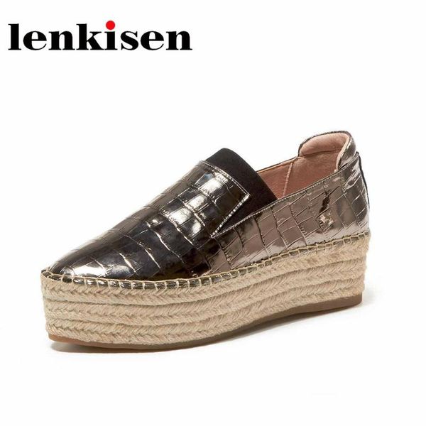 

lenkisen spring new arrival genuine leather pointed toe handmade straw flat platform elastic band office lady daily shoes l04, Black