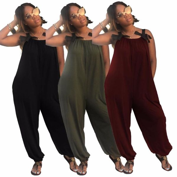 

classic solid spaghetti straps jumpsuit women rompers bowknot sleeveless loose casual bloomers wide leg pants overalls, Black;white