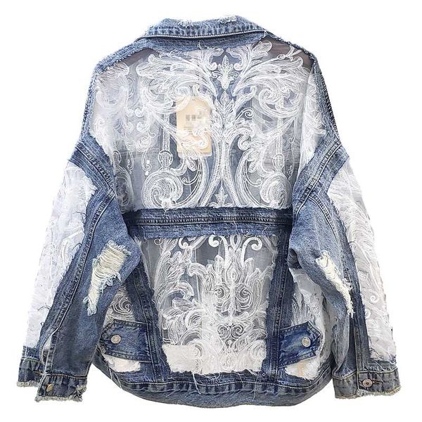 

2020the new autumn fashion streetwear see through lace patchwork denim jacket women stylish jean coat, Black;brown