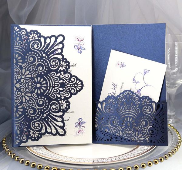 

greeting cards laser cut pocket wedding invitations flower tri-folded customized marriage birthday invitation card with envelop